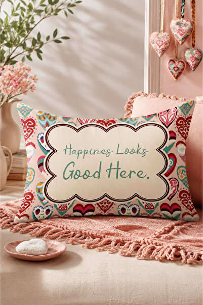 ASDİVA Amore5 "Happiness Looks Good Here" Written Colorful Heart Patterned Mo...