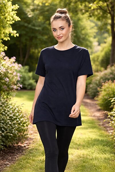 ModaLeaf Women's Navy Blue Short Sleeve Cotton Crew Neck Combed Cotton Tunic-...