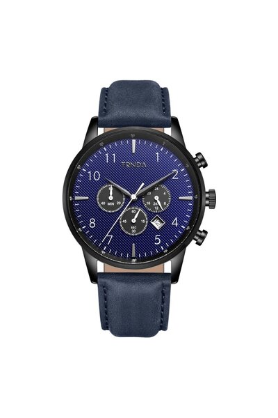 TRNDA Men's Black Stainless Steel Watch, Blue Leather Band | Trn-43dbl