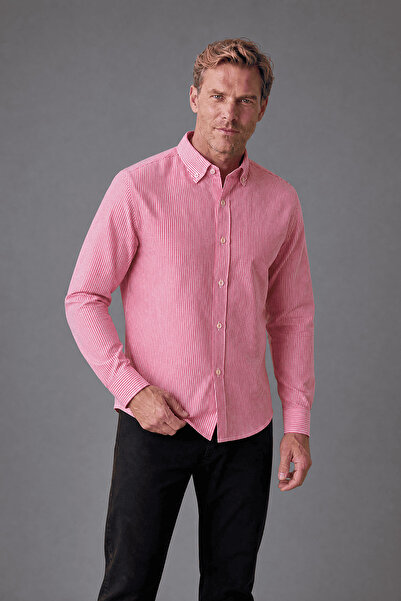 Bisse Pink Regular Fit Cotton Linen Long Pasha Collar Shirt