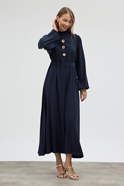 VAVİNOR Button Detailed Cupra Dress - Navy Blue
