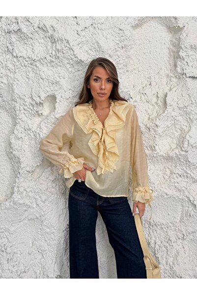 Hatun Atila Women's Transparent Chiffon Blouse with Collar and Flounce Sleeve...