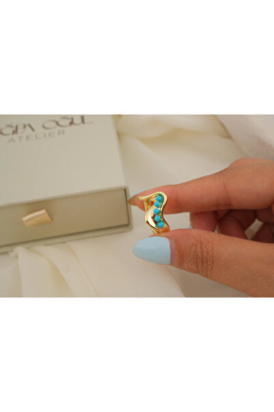ATELİER TUĞBA Yzk675 Wave Form Turquoise Bead Detail Gold Adjustable Ring