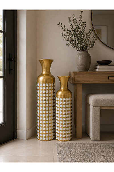 MİS KİTCHEN Set of 2 Decorative Metal Floor Vases with Gold and White Dots Mo...