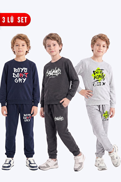 FYK KİDS 3-Piece Boys' Printed Crew Neck Double Pocket Tracksuit Set