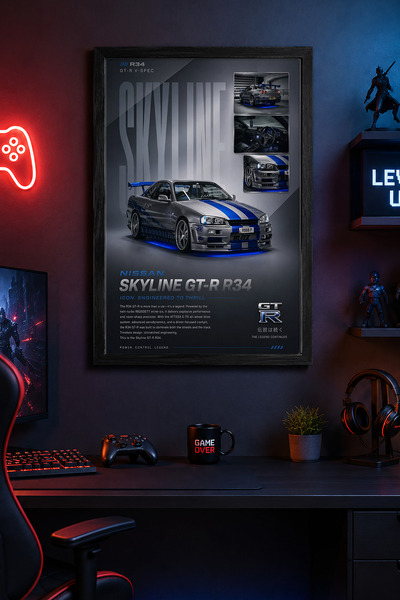 Charmbi Poster cu cadru din lemn Nissan Skyline GT-R R34, cadou, imprimare pi...