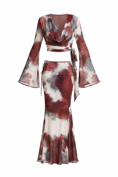 Özge Özgenç Batik Pattern Transparent Blouse Skirt Set
