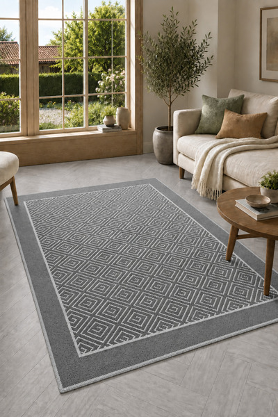 Labira Bukle Lüks Pamuklu, Makinede Yıkanabilir Kilim - Gri / Yolluk - Salon - Koridor - Mutfak Halısı