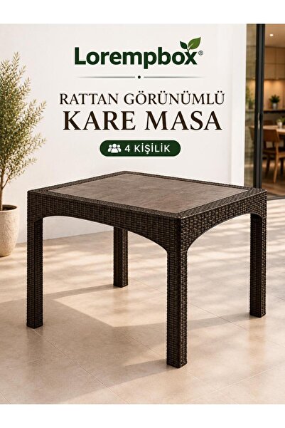 LOREMPBOX Rattan Görünümlü Kare Masa – 4 Kişilik İç & Dış Mekân Bahçe Balkon ...