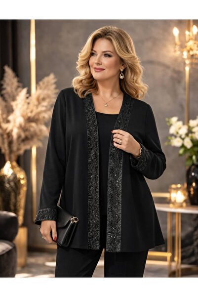 Te&Te Kadın siyah büyük beden kristal kumaş hırka