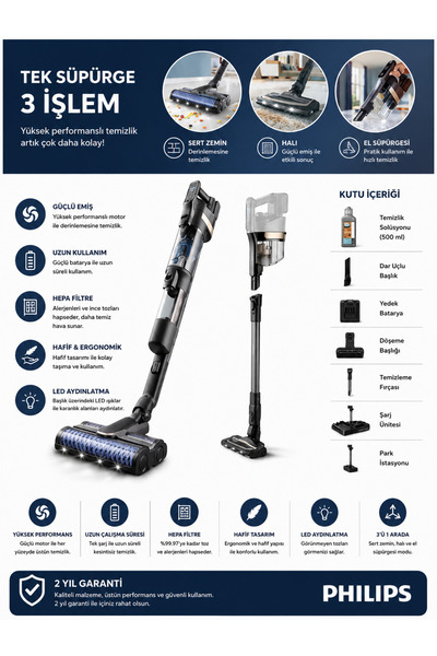Philips Tek Süpürge 3 Işlem, Otomatik Temizlik, LED Işıklı Başlık (XW9463/11)...