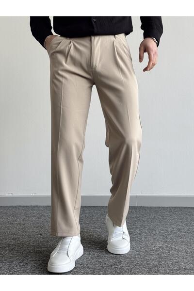 Erkek Pileli Baggy Bej Kumaş Pantolon
