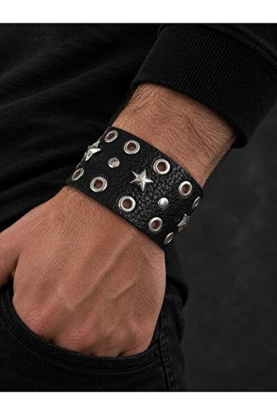 Corvus kolye&bileklik Star Metal Staple Detailed Punk Rock Leather Bracelet