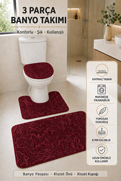 3’lü Banyo Paspası Halısı Seti Kaymaz Tabanlı Yıkanabilir Klozet Takımı (Gofraj Baskılı)