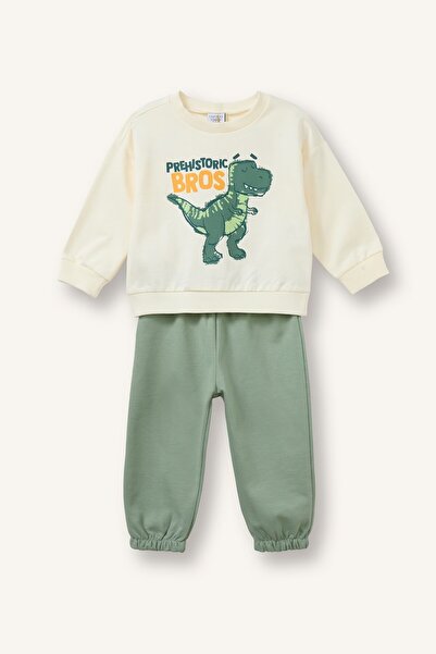 DeFacto Dinosaur Printed Sweatshirt Top Elastic Cuffed Bottom 2-Piece Set Bab...
