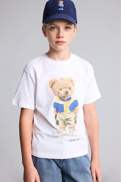 DeFacto Overshirt Fit Crew Neck Teddy Bear Printed Short Sleeve T-Shirt for B...