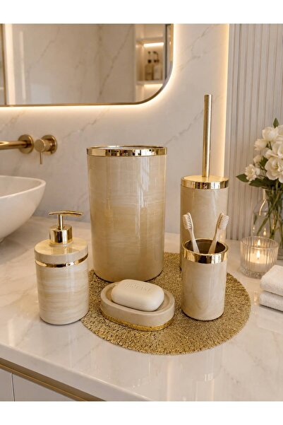 AslıHediyelik 5 Piece Marble Pattern Cream Bathroom Set / Wc Brush Holder, Li...