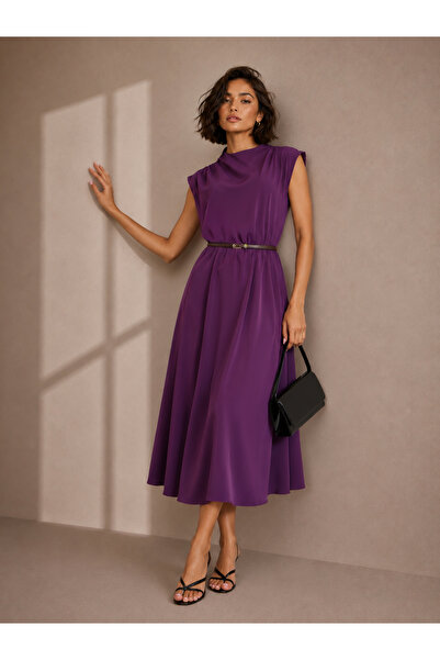 Styli Purple Solid Sleeveless A-Line Midi Dress with Belt