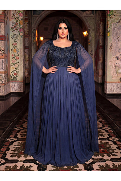 SUPGIR Plus Size Nave Blue Beads Embellished Cape Sleeves A-Line Maxi Dress