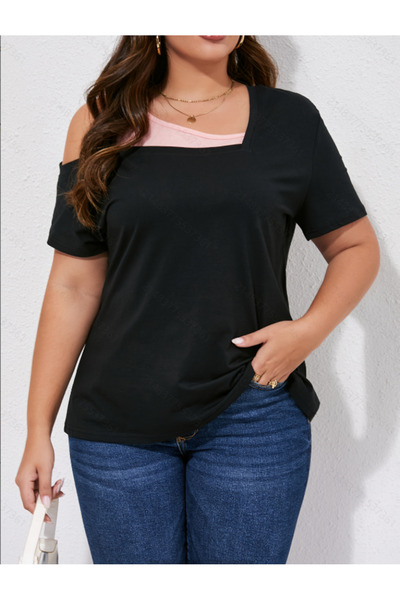 Take Two By Styli Plus Size Multi-Tone Short Sleeve One Shoulder Top