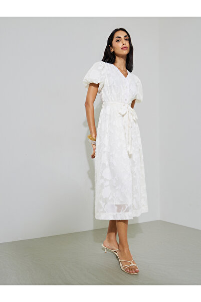 Styli White Self-Design Tie-Up Details Shirt Midi Dress