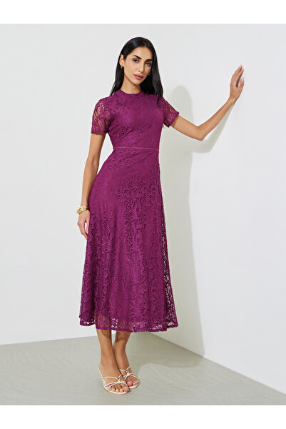 Styli Purple Solid Short Sleeves Lace A-Line Midi Dress