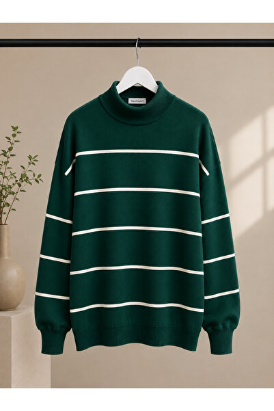 DepoExport Women's Half-Throat Striped Knitwear Sweater Oversize Loose Design