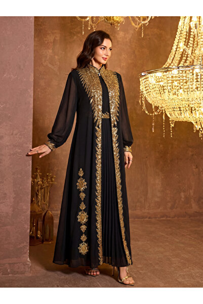 SUPGIR Black Pleated A-Line Maxi Dress and Gold Sequin Kaftan Set