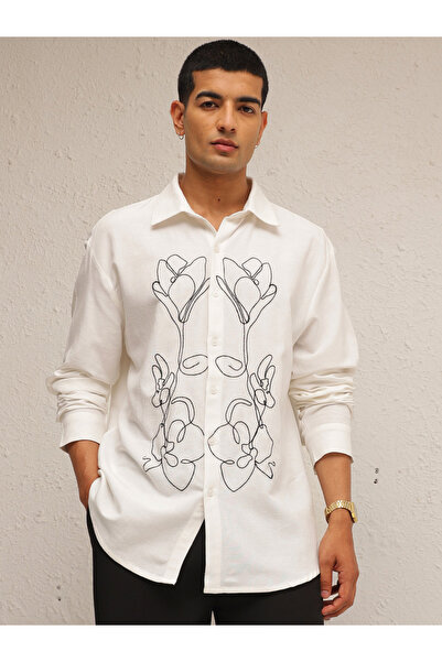 Mascln Sassafras By Styli Men Linen Flower Embroidery Relaxed Fit Shirt