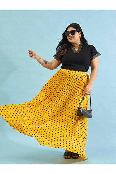 Sassafras By Styli Plus Size Yellow Polka Dot Accordion Pleated Maxi Skirt