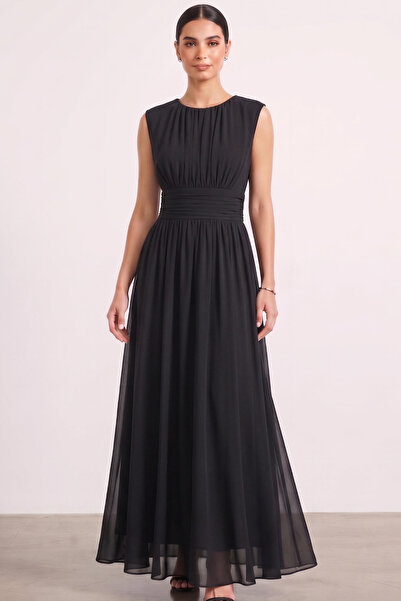 ZUZUQO Women's Crew Neck Draped A-Line Lycra Tulle Long Evening Dress