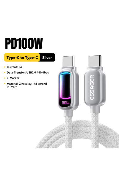 Choice3 ESSAGER 1m Silver 100W Essager 240W USB C to USB C Cable 100W PD3.1 F...