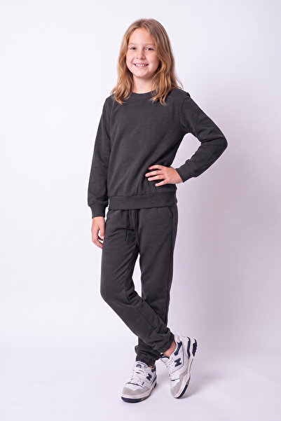 FYK KİDS Girl's Plain Crew Neck Double Pocket Tracksuit Set