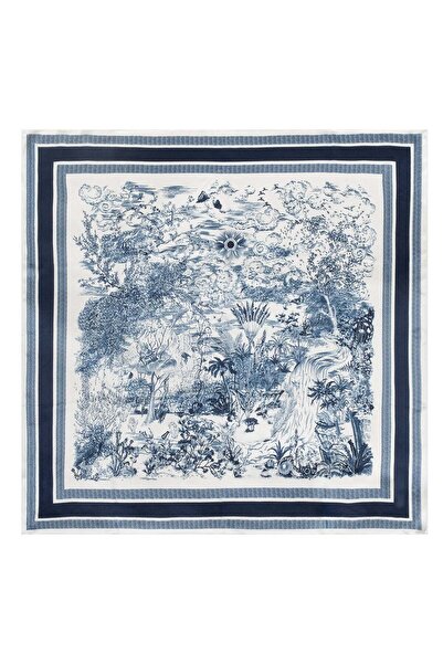 Silk and Cashmere Lacivert Beyaz Lara Saf İpek Kare Eşarp 90x90 cm