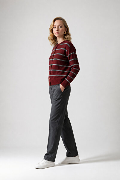 Gülçin Coşkun Crew Neck Gold Button Detailed Striped Trendy Basic Women's Knitted Cardigan