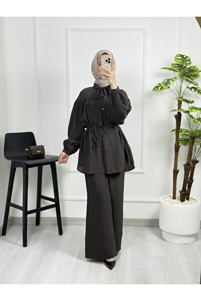 Sovel 3022 Waist-Tied Belt - Collar Detailed Peplum Trouser Suit