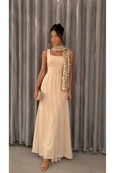 ELORA FASHION Champagne Color Long Evening Dress with Gold Sequin Embroidery ...