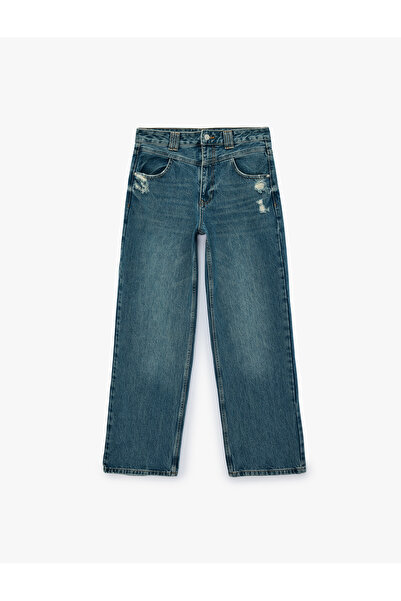 Koton Comfortable Fit Straight Leg Cotton Baggy Denim Trousers with Frayed De...