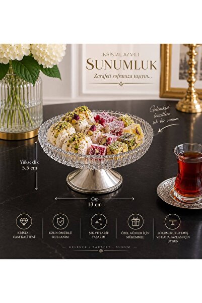 Aslı Hediyelik Silver Color Footed Round Glass Serving and Catering Bowl, Sna...