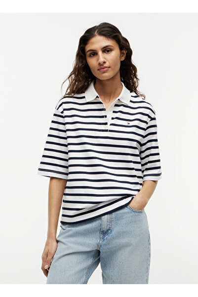 Tommy Hilfiger Beyaz Kadın Çizgili Polo T-Shirt WW0WW499710A9