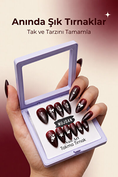 MUJGAN 12’li Takma Tırnak Seti Nail Art Desenli Parlak Görünüm Bordo Renk