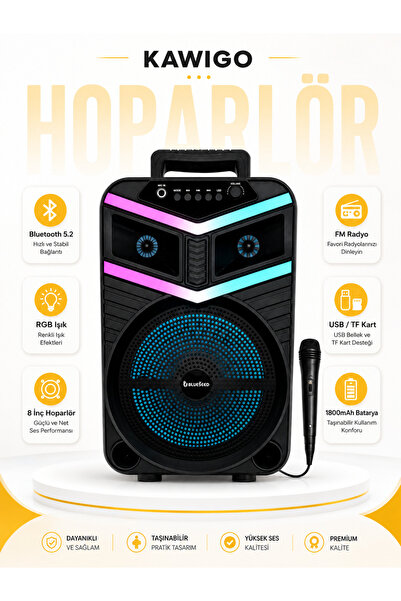 kawigo Bluetooth 5.2 Hoparlör Mikrofonlu RGB Işıklı FM Radyo USB TF Kart Destekli Taşınabilir Karaoke Hoparlör