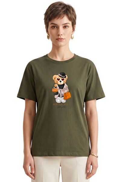 DK DAKSEL Women's Khaki Beverly Hills Teddy Bear Printed T-Shirt Comfortable ...