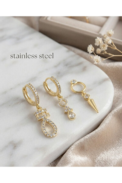 stainless steell طقم أقراط متدلية من حجر الزركون النحاسي، موديل ذهبي اللون، م...
