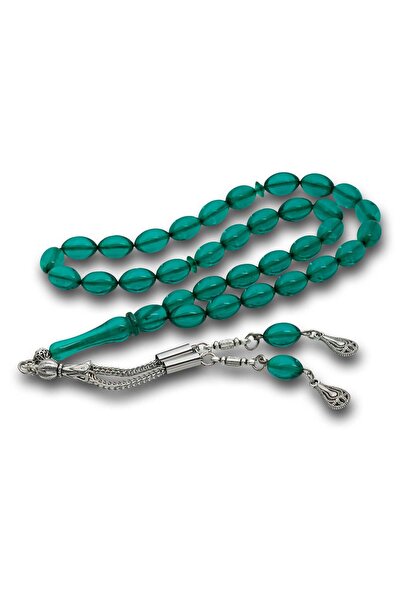 Inure Jewelry Green Crimped Amber Prayer Beads with Metal Tassels