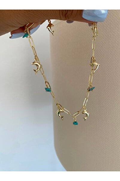 Bade Jewelry Fd Vip Gold Pendant Blue Natural Stone & Dolphin Detailed Anti-T...