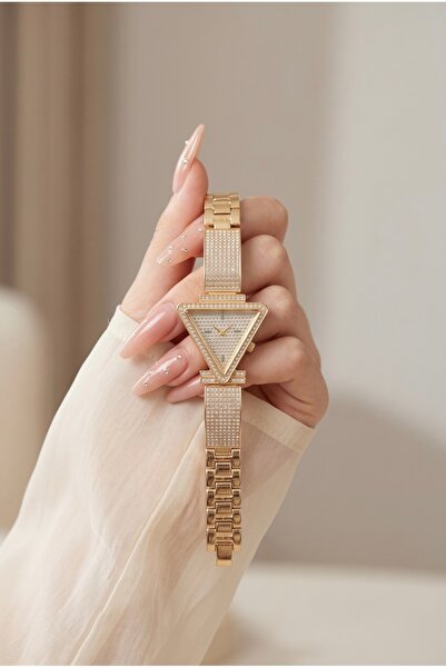 KLISHE G&G Luxury Women's Steel Watch Gold Color Triangle Case Stone Inlaid V...