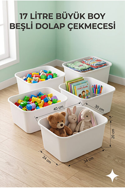 decosense 5 Adet Beyaz Büyük Boy 17 Litre 40x30x20 cm Oyuncak Dolabı Çekmecesi