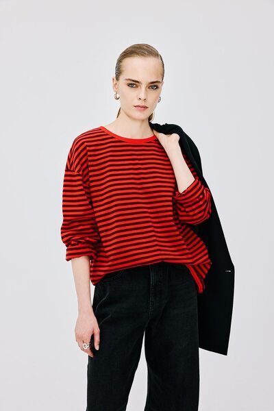 DeFacto Crew Neck Striped Floral Long Sleeve T-Shirt I4304Ax26Au