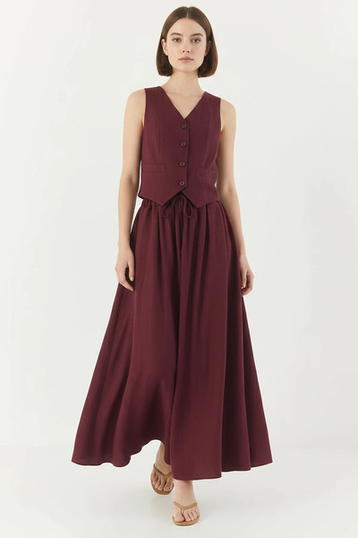 Efnaz style Women's Vest and Pocket Detailed Flared Skirt Dark Cherry Set